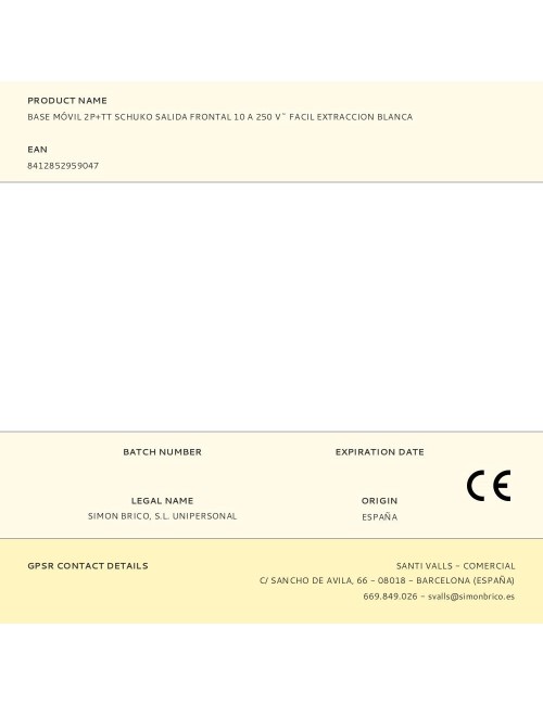 Base móvil 2p+tt schuko salida frontal 10 a 250 v~ facil extraccion blanca