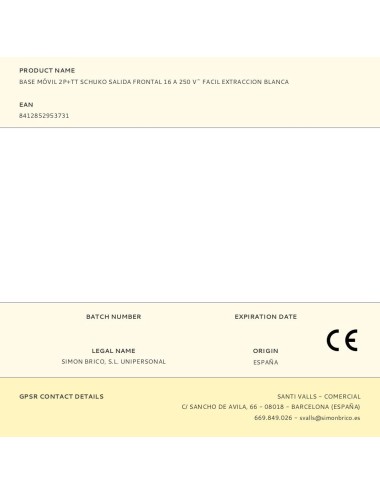 Base móvil 2p+tt schuko salida frontal 16 a 250 v~ facil extraccion blanca