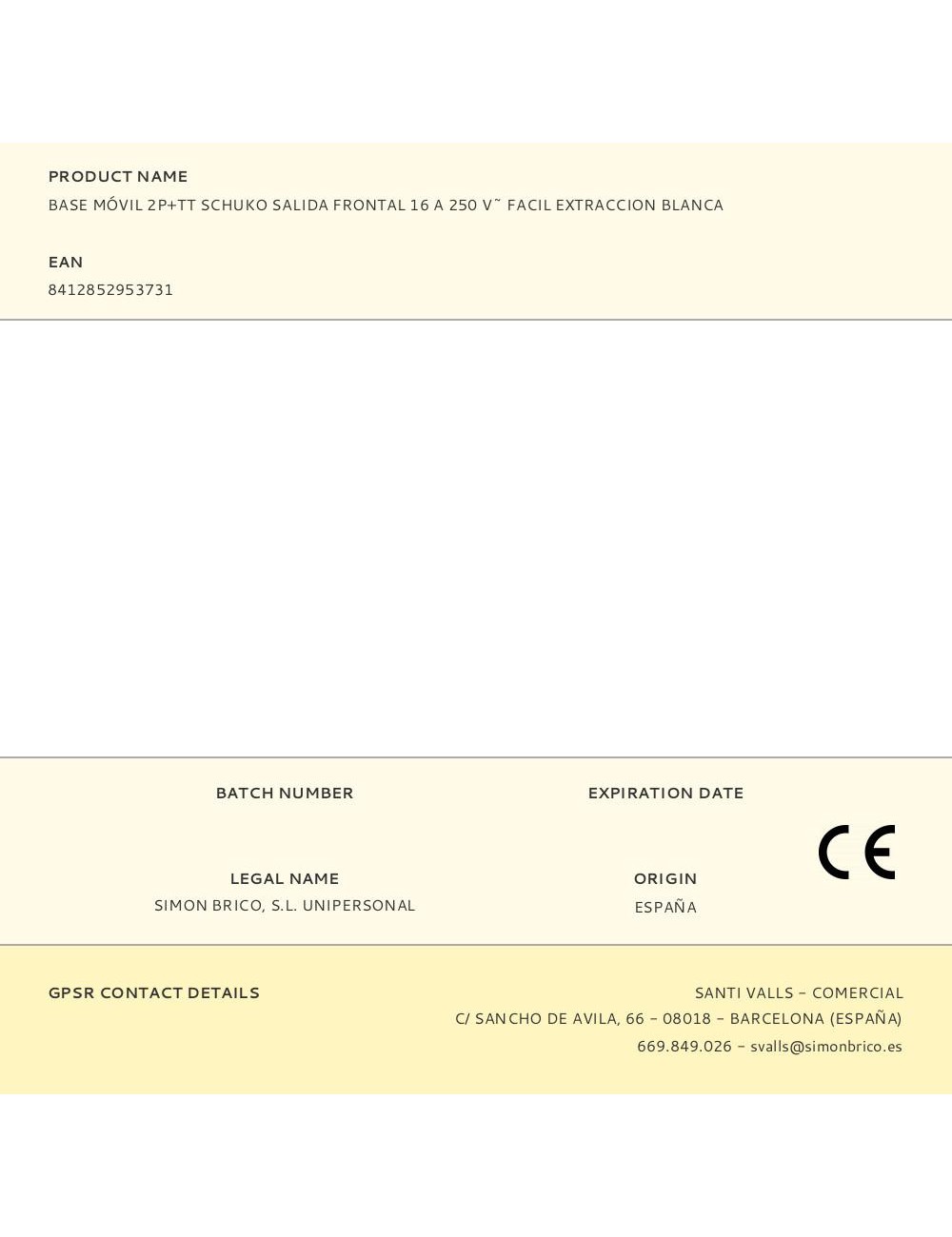 Base móvil 2p+tt schuko salida frontal 16 a 250 v~ facil extraccion blanca