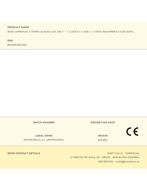 Base combiflat 2 tomas schuko 16a 250 v ~ + 2 usb a + 2 usb c + carga inalámbrica con soporte y fijación blanca