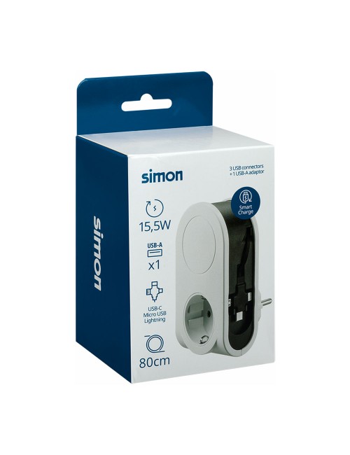 Adaptador 3 conectores usb + 1 usb a + 1 toma schuko 16a 250 v~ blanco