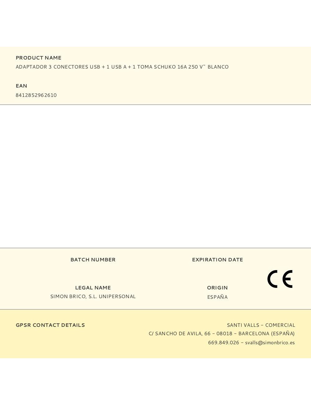 Adaptador 3 conectores usb + 1 usb a + 1 toma schuko 16a 250 v~ blanco