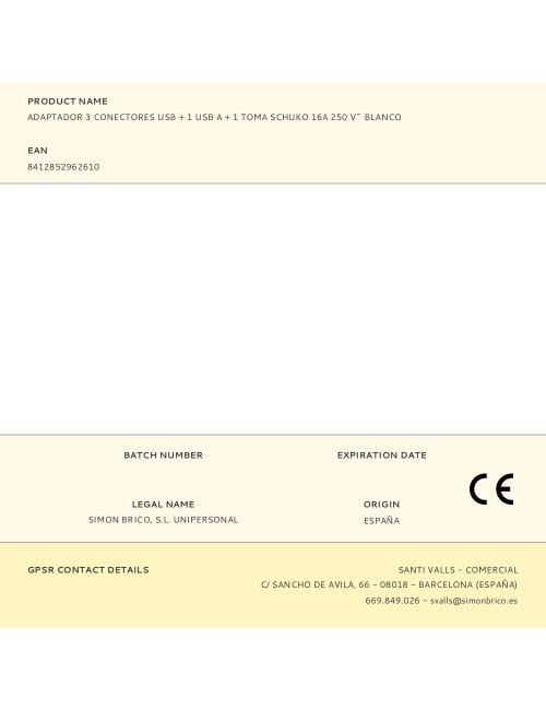 Adaptador 3 conectores usb + 1 usb a + 1 toma schuko 16a 250 v~ blanco