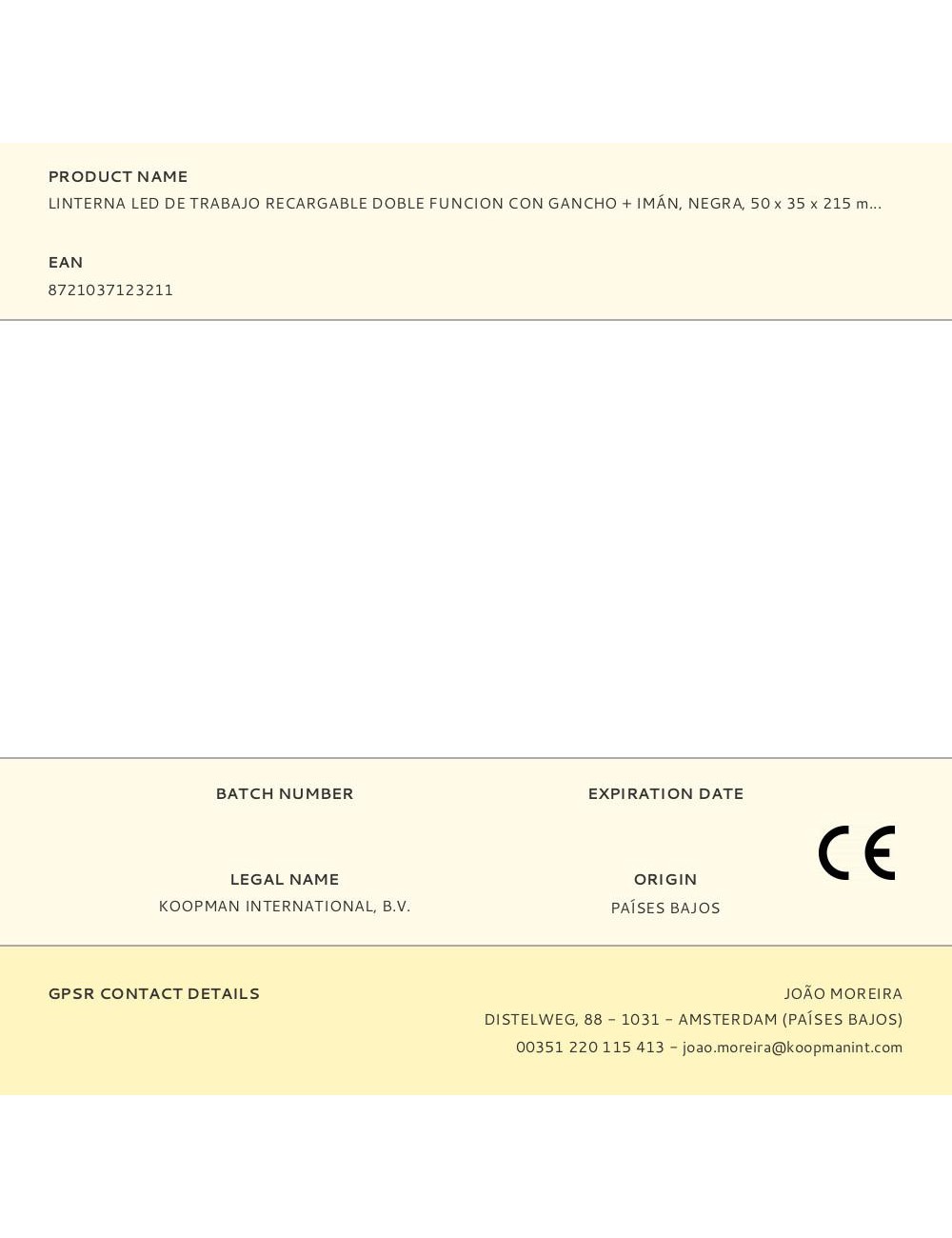 Linterna led de trabajo recargable doble funcion con gancho + imán, negra, 50 x 35 x 215 mm