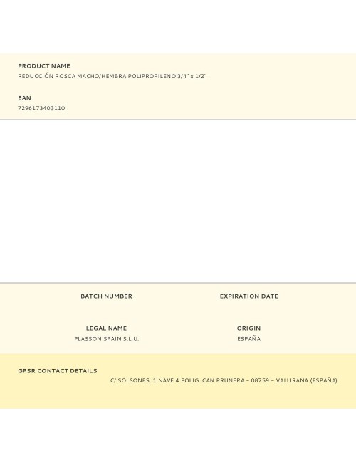 Reducción rosca macho/hembra polipropileno 3/4" x 1/2"