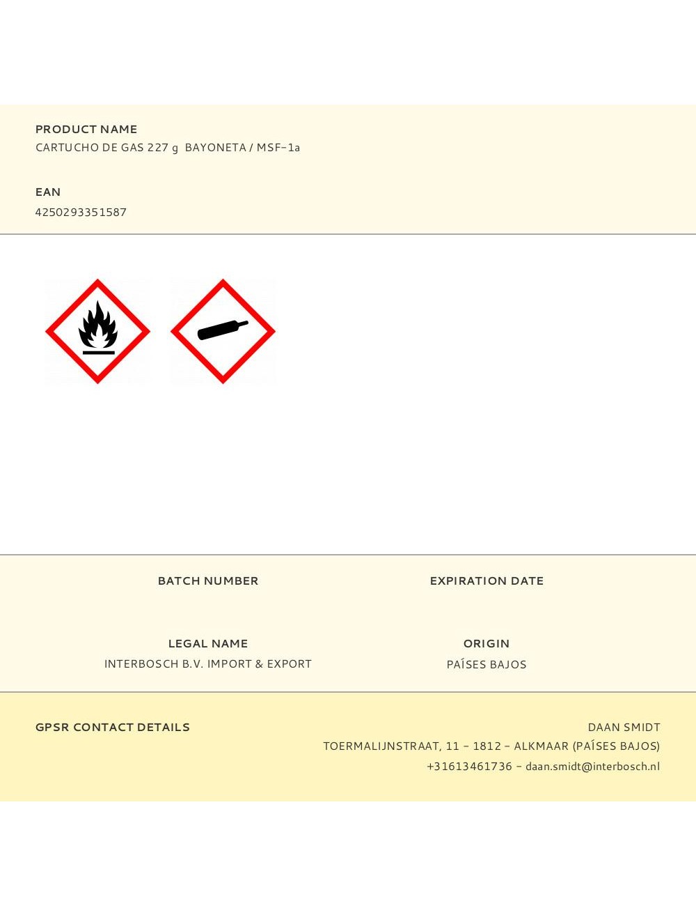 Cartucho de gas 227 g bayoneta / msf-1a