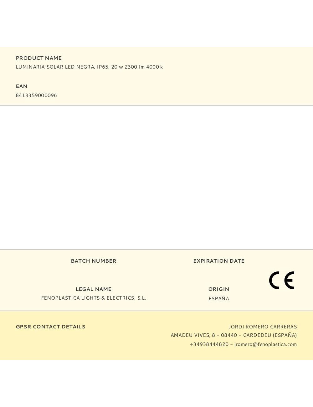 Luminaria solar led negra, ip65, 20 w 2300 im 4000 k