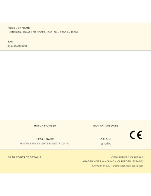 Luminaria solar led negra, ip65, 20 w 2300 im 4000 k