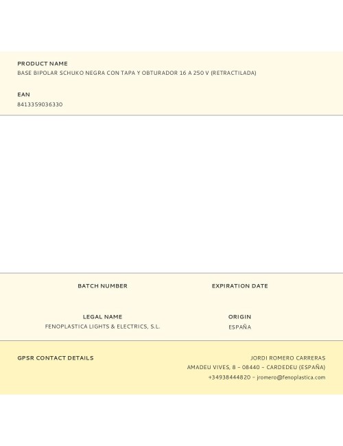 Base bipolar schuko negra con tapa y obturador 16 a 250 v (retractilada)