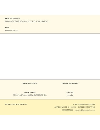 Clavija bipolar de goma (cee 7/7), ip44, 16a 250v