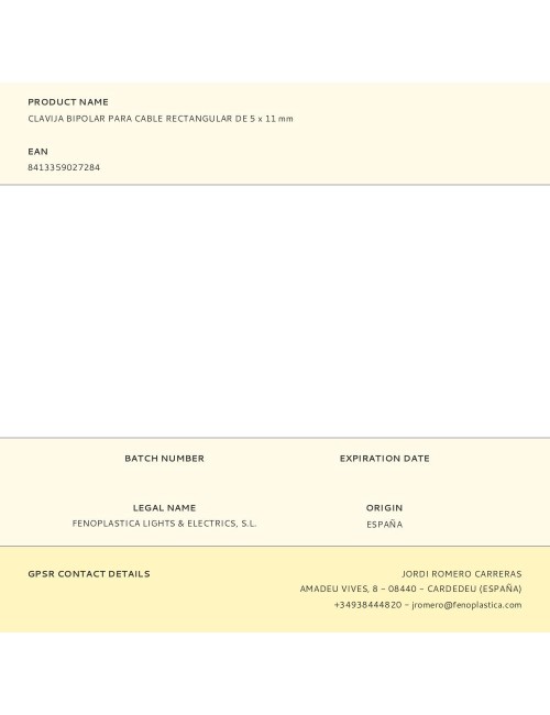 Clavija bipolar para cable rectangular de 5 x 11 mm