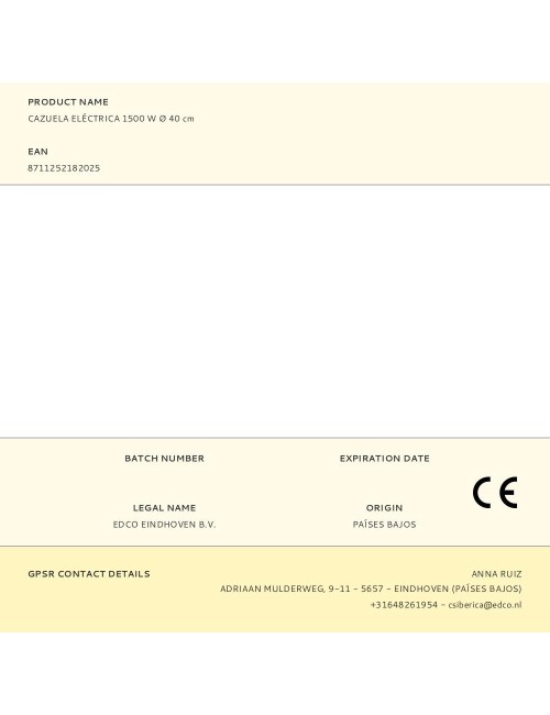 Cazuela eléctrica 1500 w ø 40 cm