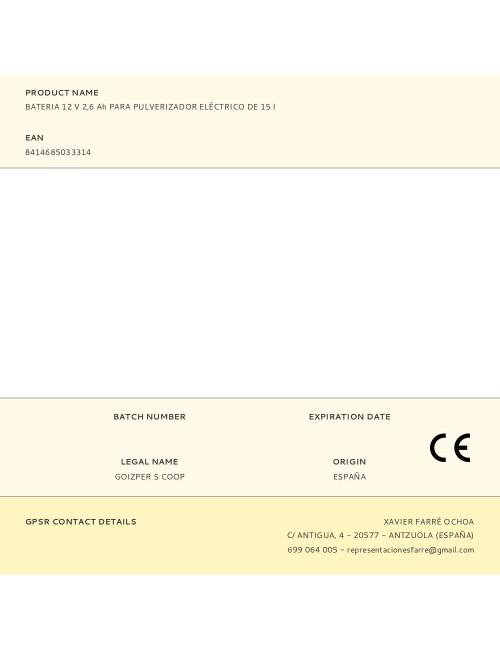 Bateria 12 v 2,6 ah para pulverizador eléctrico de 15 l