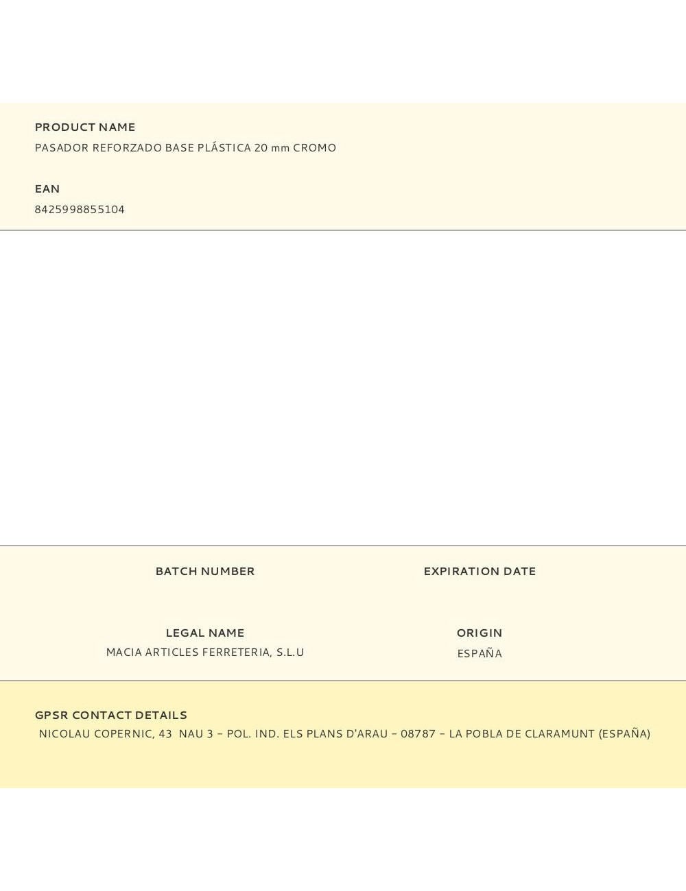 Pasador reforzado base plástica 20 mm cromo