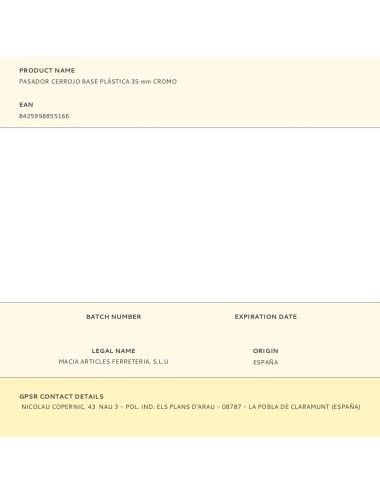 Pasador cerrojo base plástica 35 mm cromo