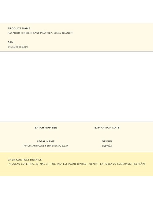 Pasador cerrojo base plástica. 50 mm blanco