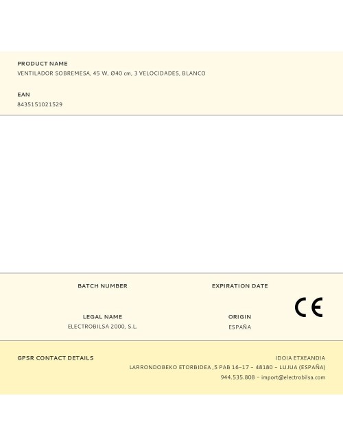 Ventilador sobremesa, 45 w, ø40 cm, 3 velocidades, blanco