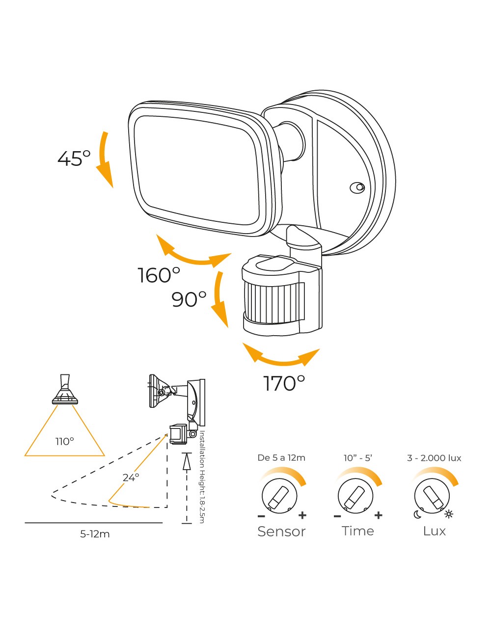 Aplique foco led con sensor crepuscular y de movimiento 10 w 750 lm 4000 k luz día, ip65, negro, ø12 × 14 × 17 cm