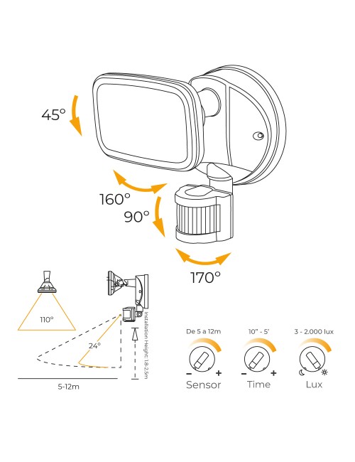 Aplique foco led con sensor crepuscular y de movimiento 10 w 750 lm 4000 k luz día, ip65, negro, ø12 × 14 × 17 cm