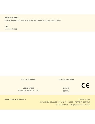 Portalámpras e27 asf todo rosca + 2 arandelas, oro brillante