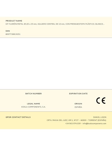 Kit florón metal ø120 x 25 mm, agujero central de 10 mm, con prensaestopa plástico, blanco mate