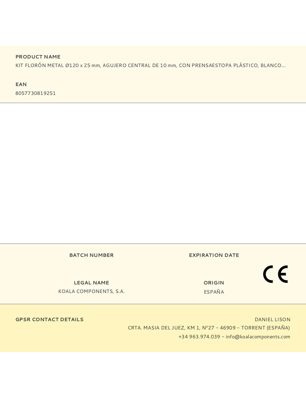 Kit florón metal ø120 x 25 mm, agujero central de 10 mm, con prensaestopa plástico, blanco mate