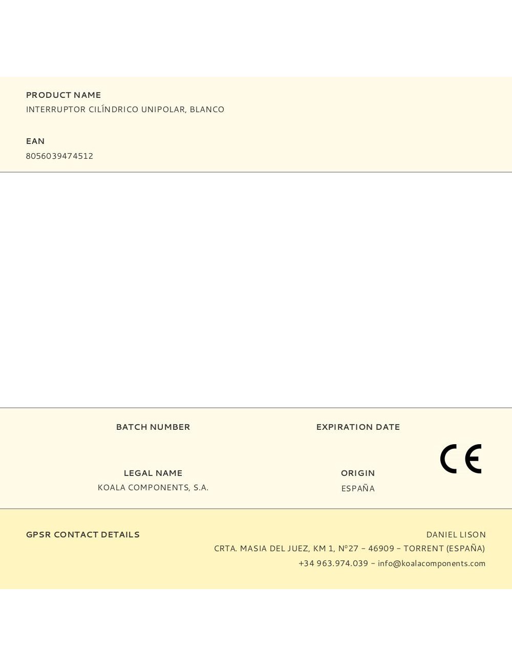 Interruptor cilíndrico unipolar, blanco