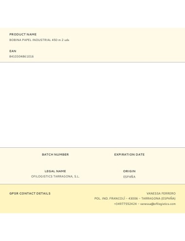 Bobina papel industrial 450 m 2 uds