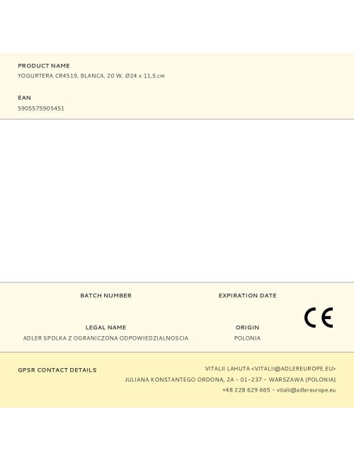 Yogurtera cr4519, blanca, 20 w, ø24 x 11,5 cm