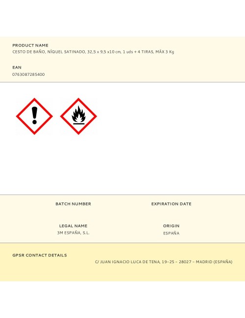 Cesto de baño, níquel satinado, 32,5 x 9,5 x10 cm, 1 uds + 4 tiras, máx 3 kg