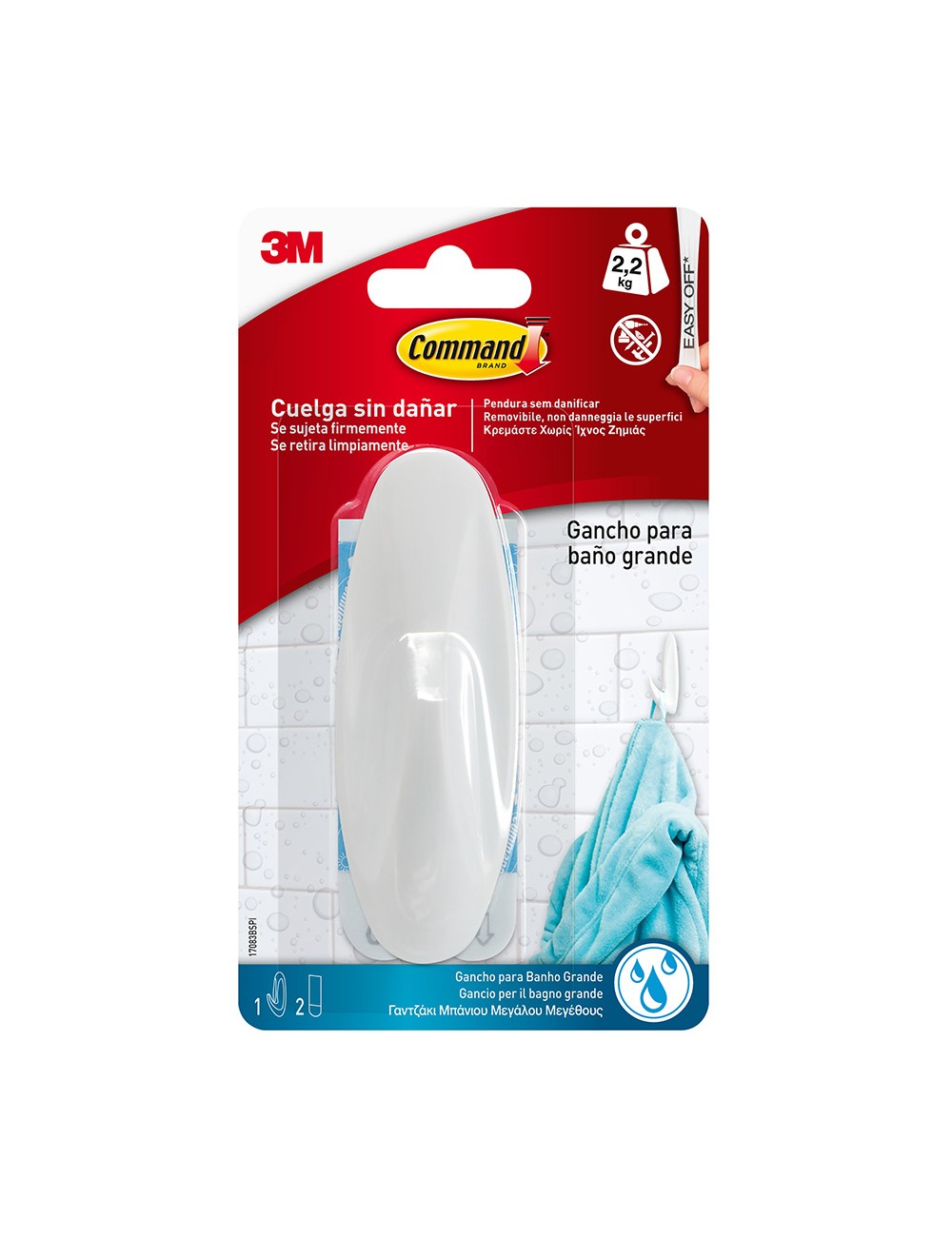 Gancho de diseño para baño, grande, 1 ud + 2 tiras, carga máx 2,2 kg