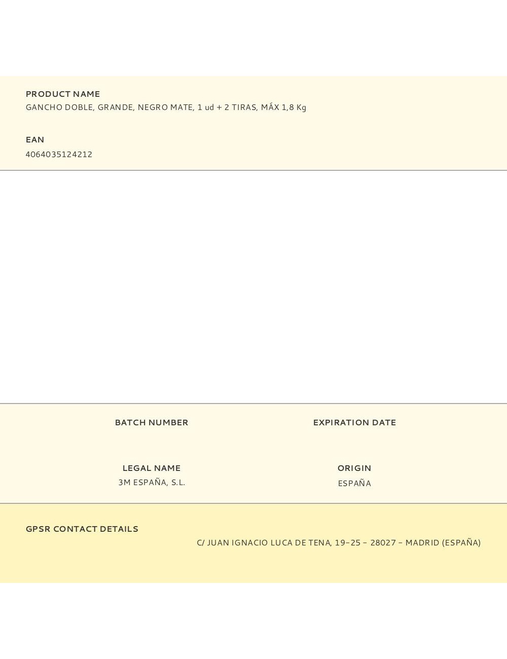 Gancho doble, grande, negro mate, 1 ud + 2 tiras, máx 1,8 kg