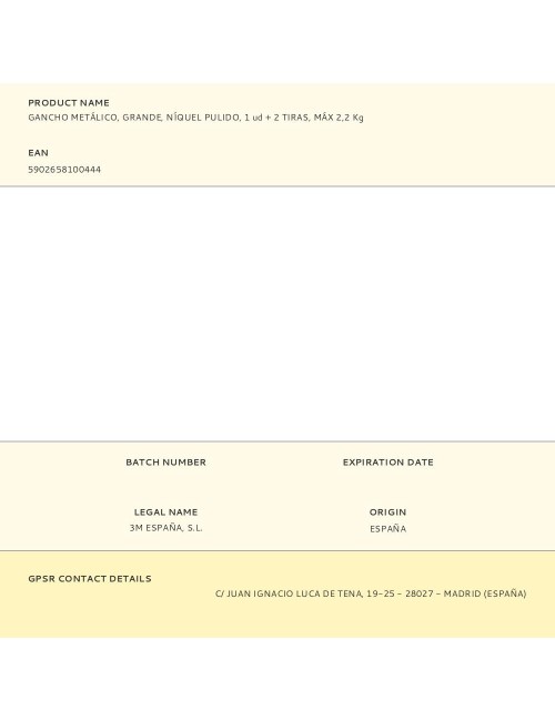 Gancho metálico, grande, níquel pulido, 1 ud + 2 tiras, máx 2,2 kg