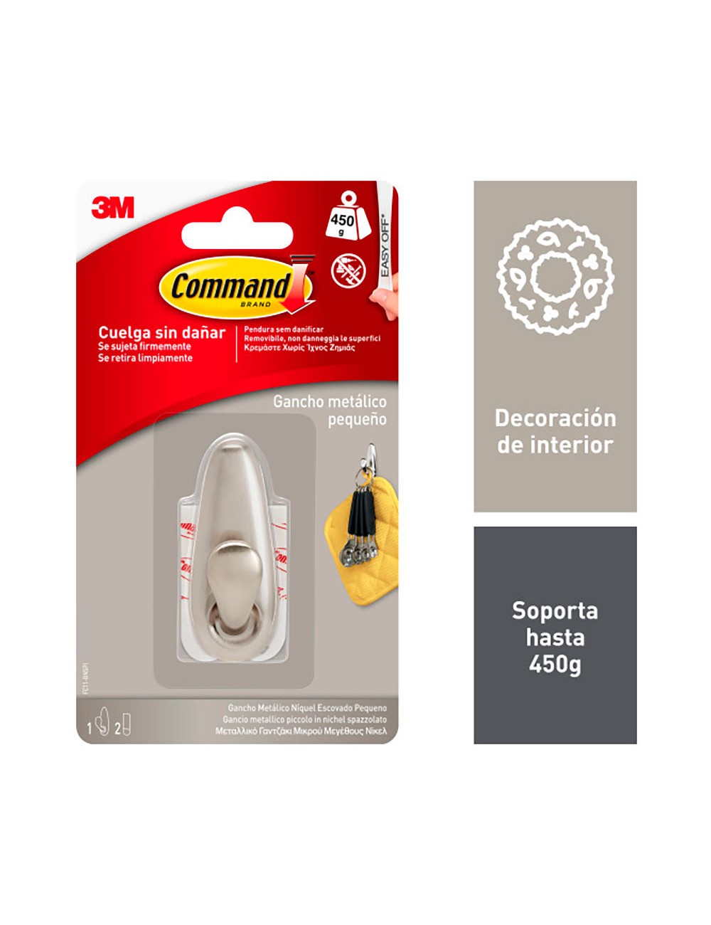 Gancho metálico, pequeño, níquel pulido, 1 ud + 2 tiras, máx 450 gr