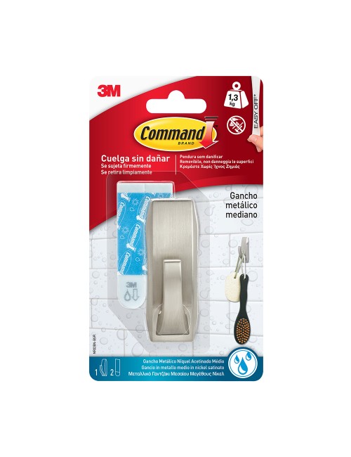 Gancho metálico con reflejos modernos, mediano, níquel satinado, 1 ud + 2 tiras, carga máx 1,3 kg