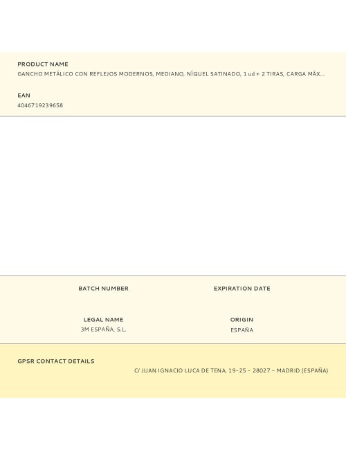 Gancho metálico con reflejos modernos, mediano, níquel satinado, 1 ud + 2 tiras, carga máx 1,3 kg