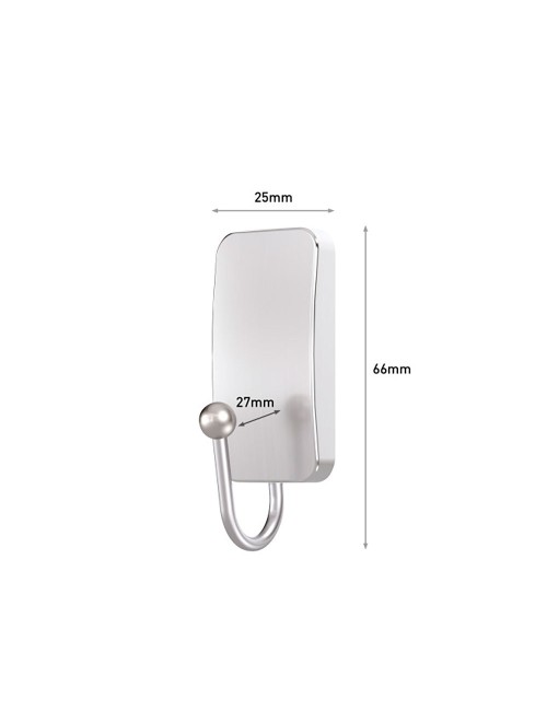 Gancho metálico, pequeño, níquel satinado, 25 x 66 x 25 mm, 1 ud + 2 tiras, máx 450 g