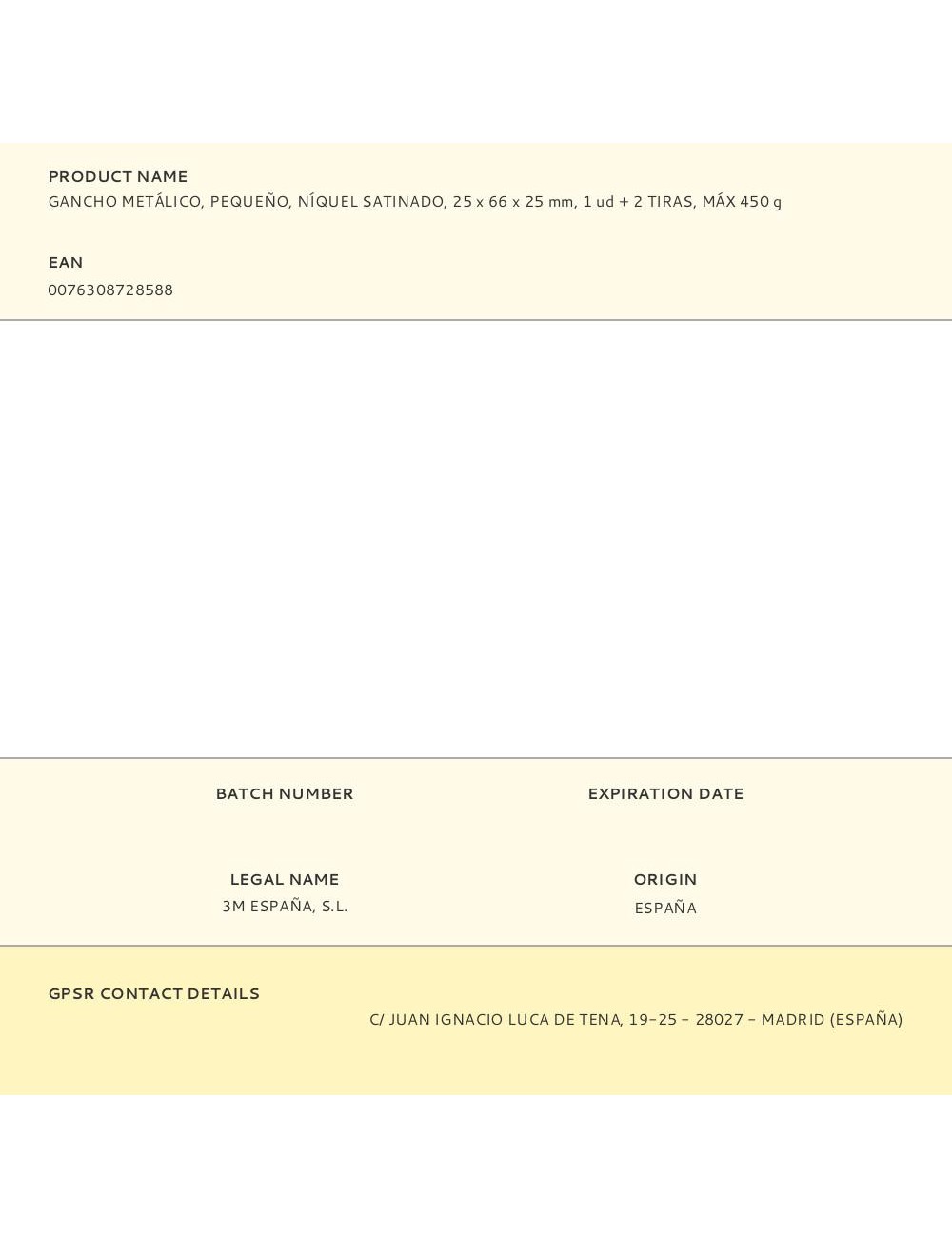 Gancho metálico, pequeño, níquel satinado, 25 x 66 x 25 mm, 1 ud + 2 tiras, máx 450 g