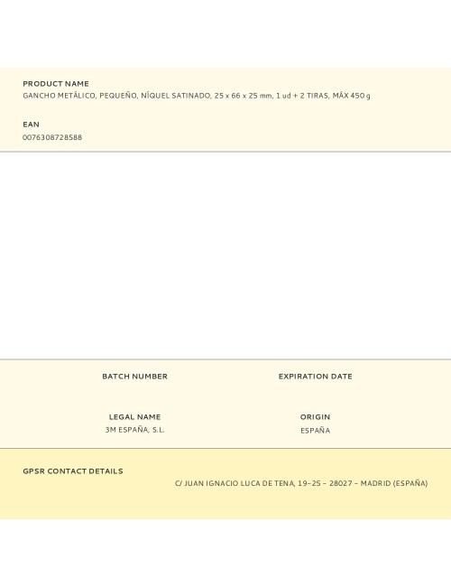 Gancho metálico, pequeño, níquel satinado, 25 x 66 x 25 mm, 1 ud + 2 tiras, máx 450 g