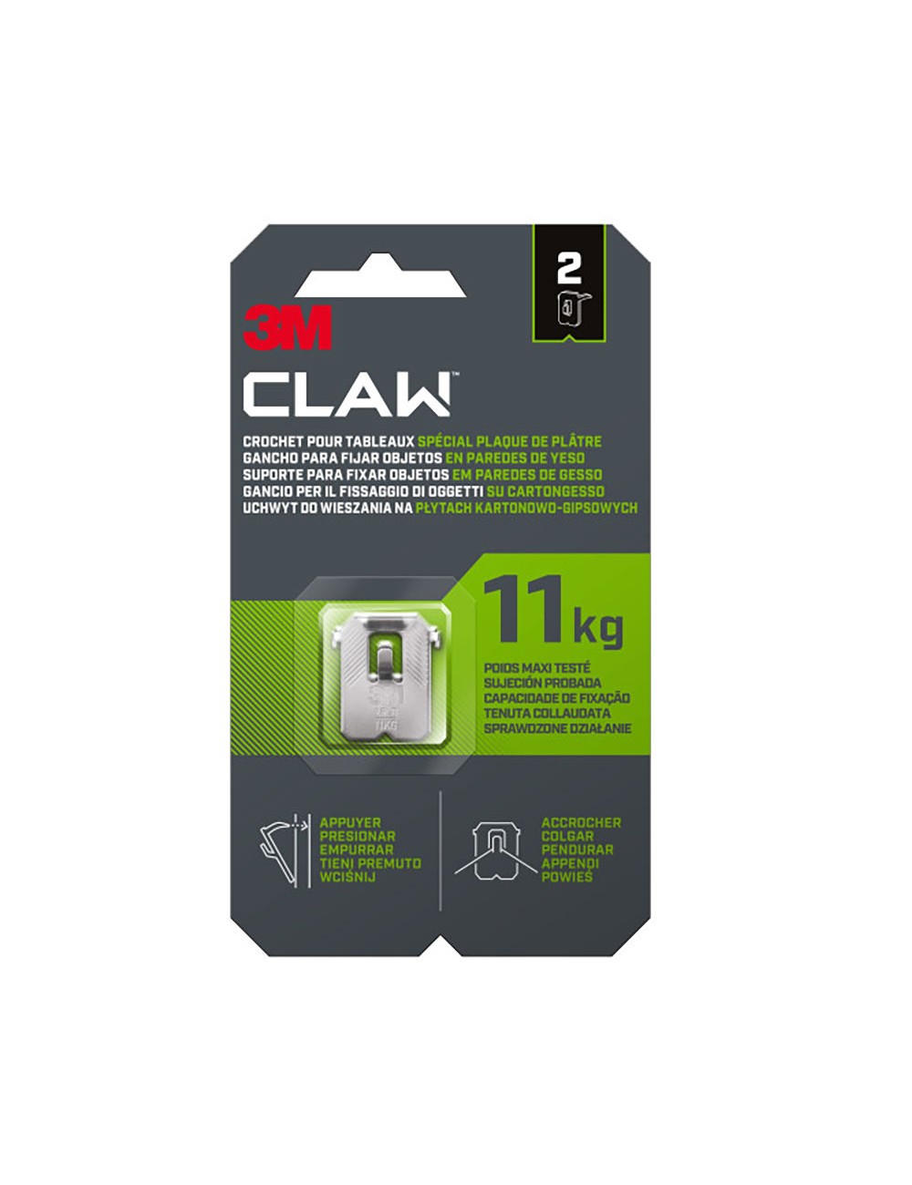 Gancho para paredes de yeso, 11 kg, 27 x 31,5 x 4 mm, 2 uds