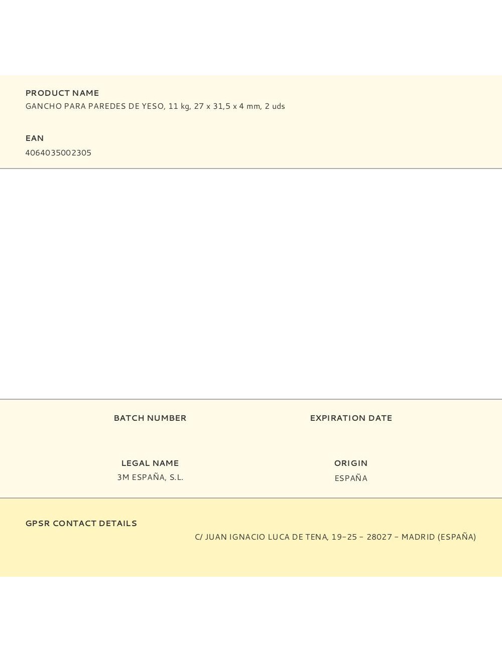 Gancho para paredes de yeso, 11 kg, 27 x 31,5 x 4 mm, 2 uds