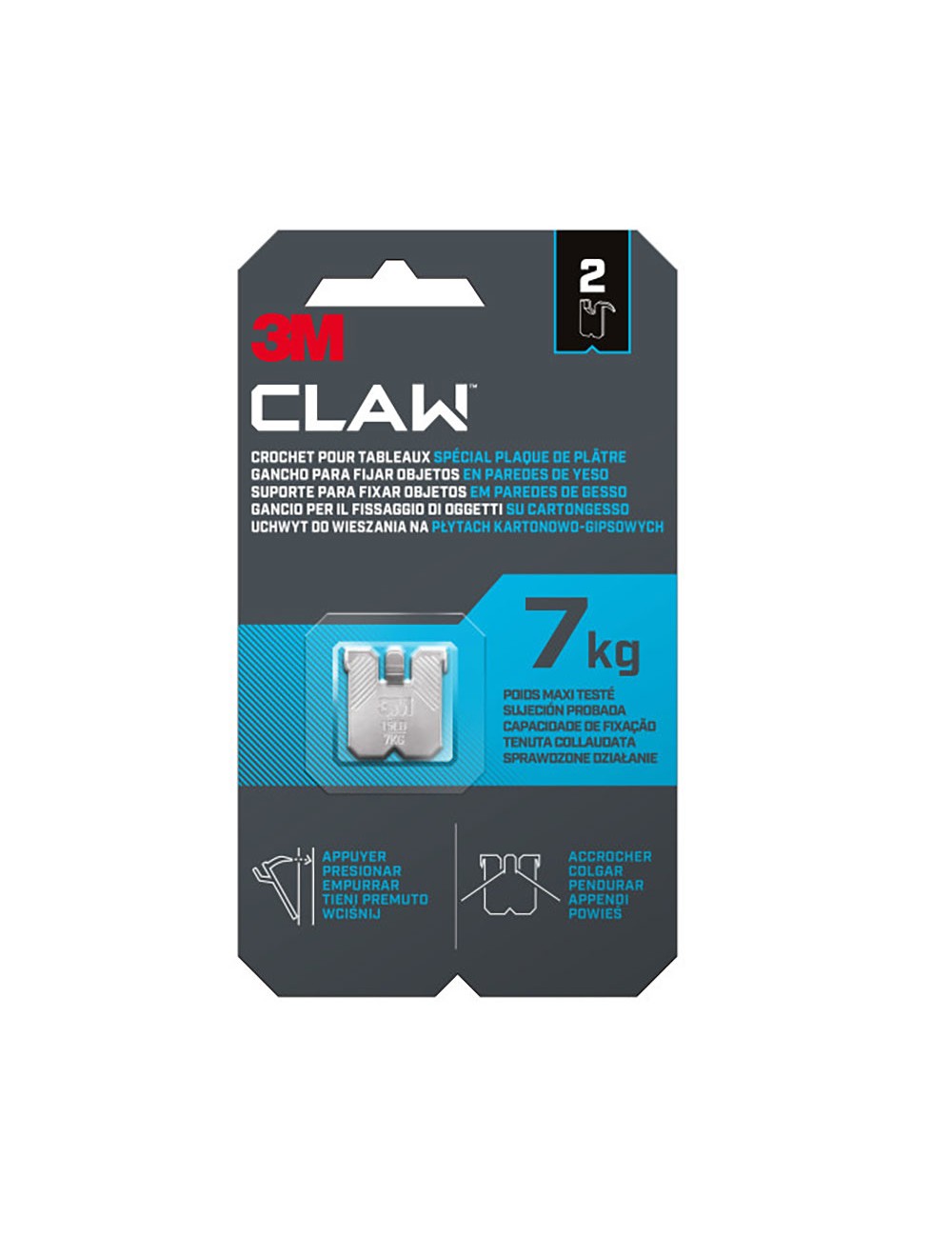 Gancho para paredes de yeso, 7 kg, 23 x 23 x 4 mm, 2 uds
