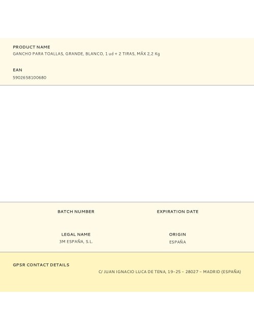 Gancho para toallas, grande, blanco, 1 ud + 2 tiras, máx 2,2 kg