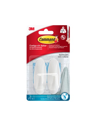 Gancho blanco, mediano, 29 x 79 x 29 mm, 2 uds + 4 tiras, máx 1,3 kg