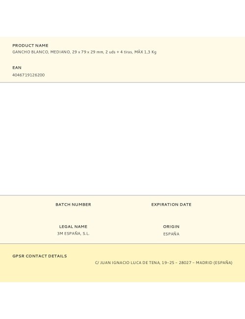 Gancho blanco, mediano, 29 x 79 x 29 mm, 2 uds + 4 tiras, máx 1,3 kg