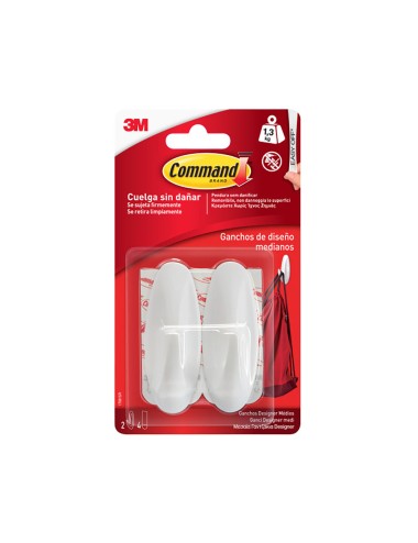 Gancho de diseño, mediano, blanco, 29 x 79 x 29 mm, 2 uds + 4 tiras, max 1,3 kg