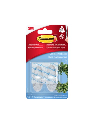 Gancho mediano trasparente, 25 x 60 x 25 mm, 2 uds + 4 tiras