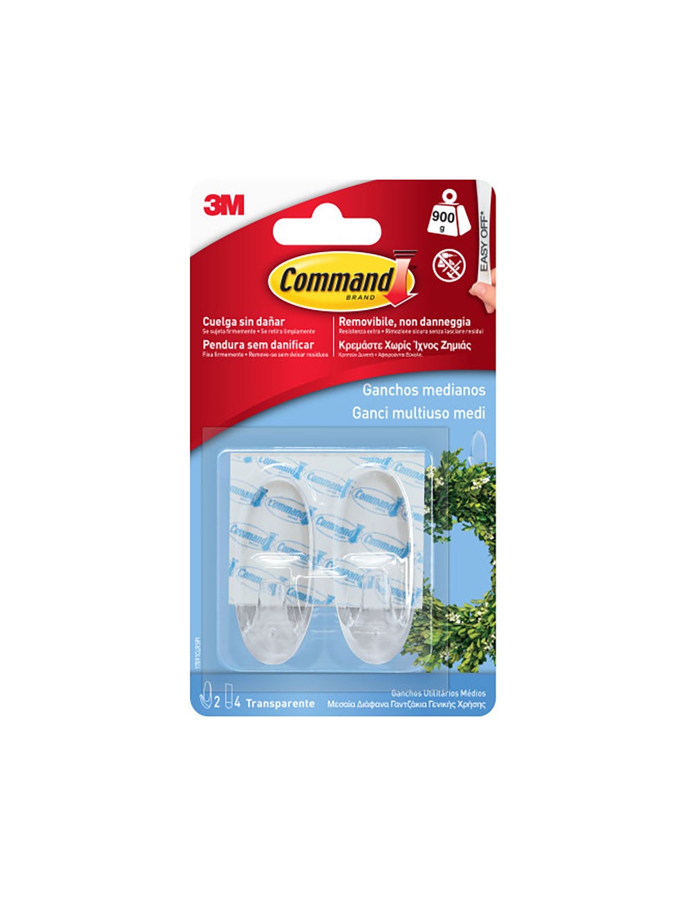 Gancho mediano trasparente, 25 x 60 x 25 mm, 2 uds + 4 tiras