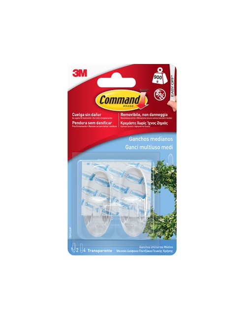 Gancho mediano trasparente, 25 x 60 x 25 mm, 2 uds + 4 tiras