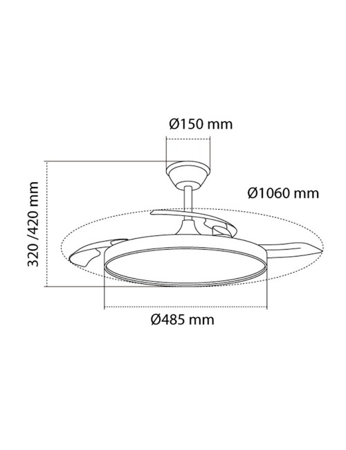 Ventilador de techo led 3cct aspas retráctiles polaris 43 w 4430 lm negro, aspas ø106 cm, plafón ø48,5 cm, altura 32 - 42 cm